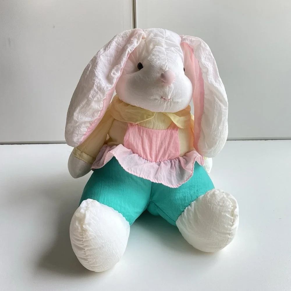 VTG Gibson Greetings Plush Girl‎ Easter Bunny White Nylon Puffy Pink Green 13